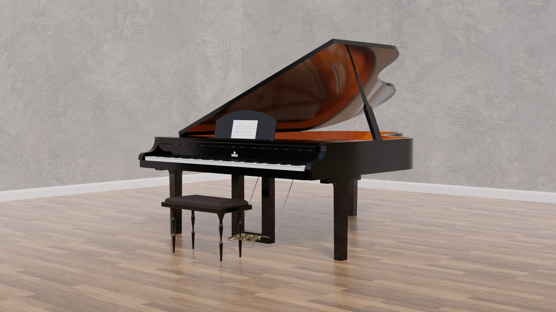 Rendu 3D d'un piano noir à queue avec capot ouvert